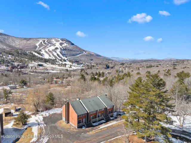 an aerial view of residential houses with outdoor space and trees