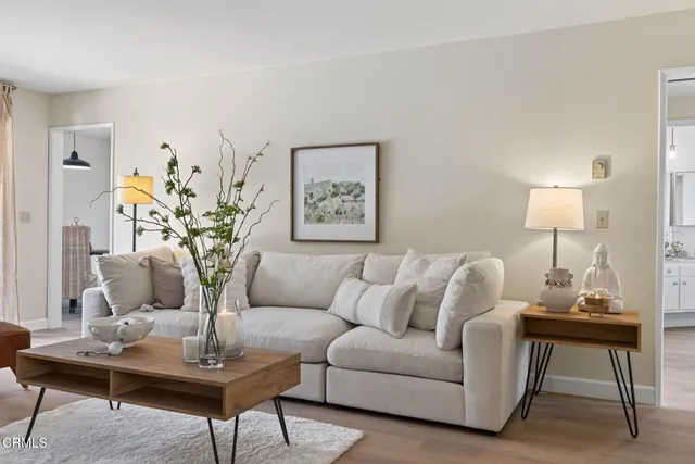 a living room with furniture and a potted plant