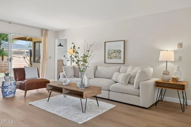 a living room with furniture and a potted plant