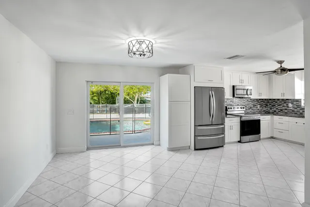 a kitchen with stainless steel appliances a refrigerator and a stove top oven