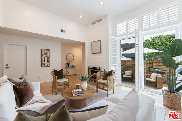 a living room with furniture a rug potted plant and a large window
