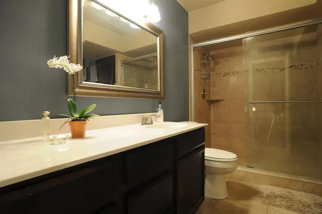 a bathroom with a sink a toilet and shower