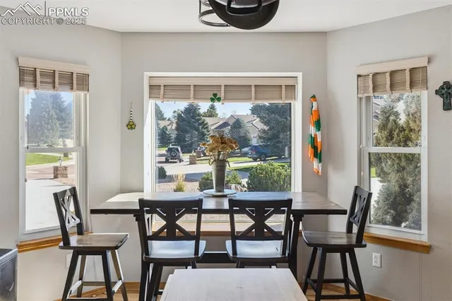 a view of a dining room with furniture window and outside view