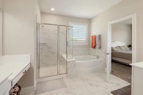 a bathroom with a bathtub and a shower