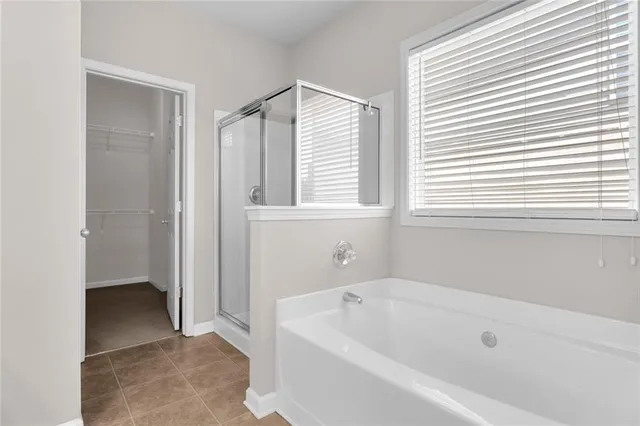 a bathroom with a bathtub and a shower