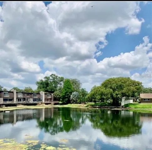 a view of a lake with houses in the back
