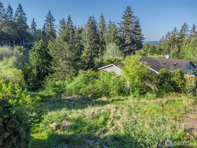an aerial view of residential house with outdoor space and trees all around