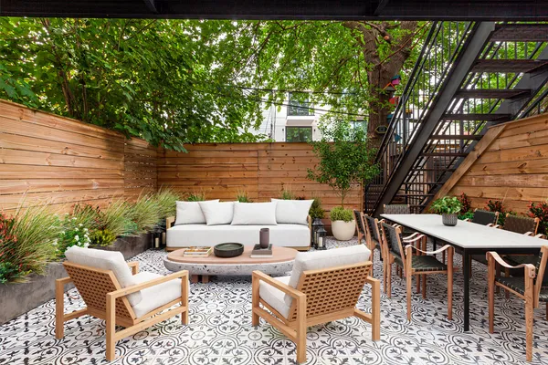 a view of a patio with furniture