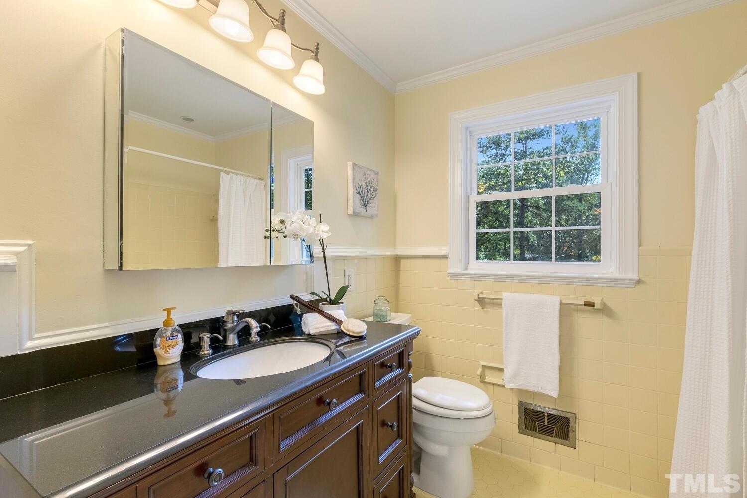 5004 Rembert Drive Raleigh, NC 27612 - Photo 31 of 61 a bathroom with a granite countertop sink a toilet and a mirror