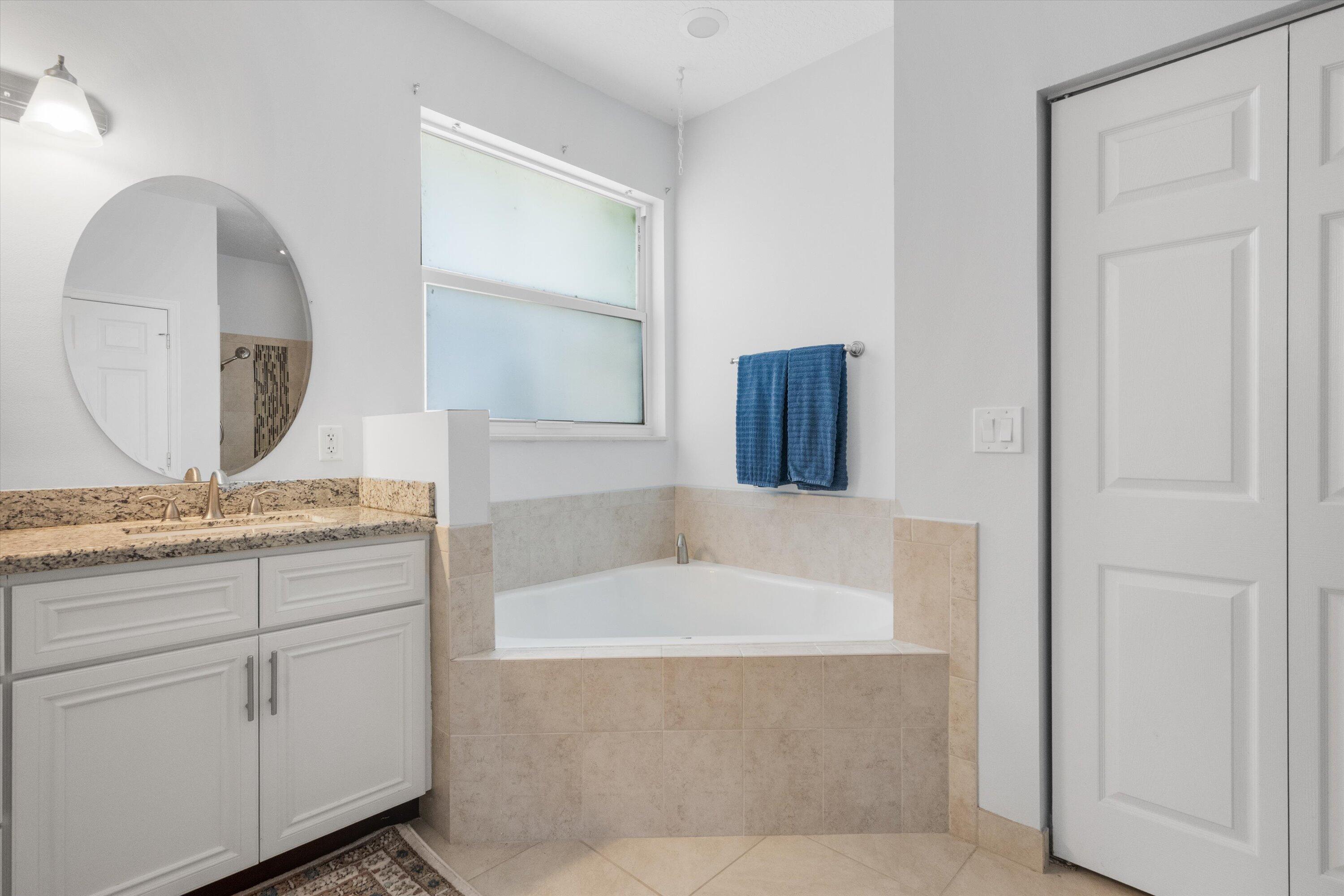 19986 Black Falcon Road Loxahatchee, FL 33470 - Photo 46 of 105 a bathroom with a granite countertop bathtub sink and mirror
