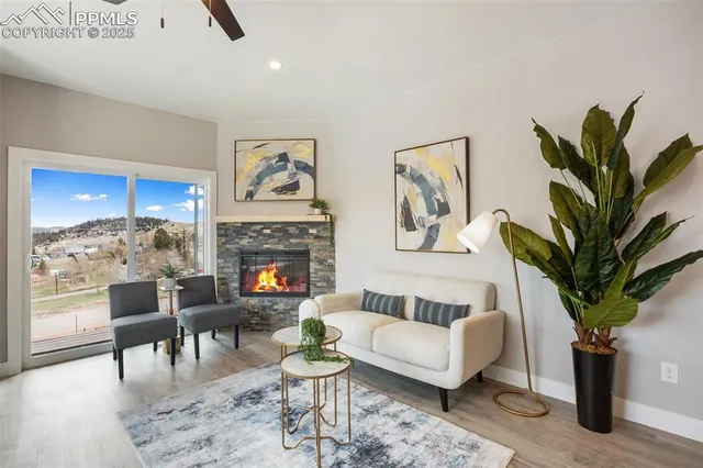 a living room with furniture a table and a potted plant