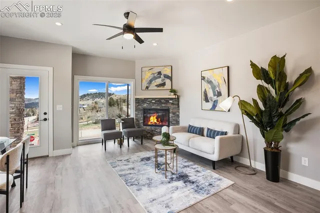 a living room with furniture a fireplace and a potted plant
