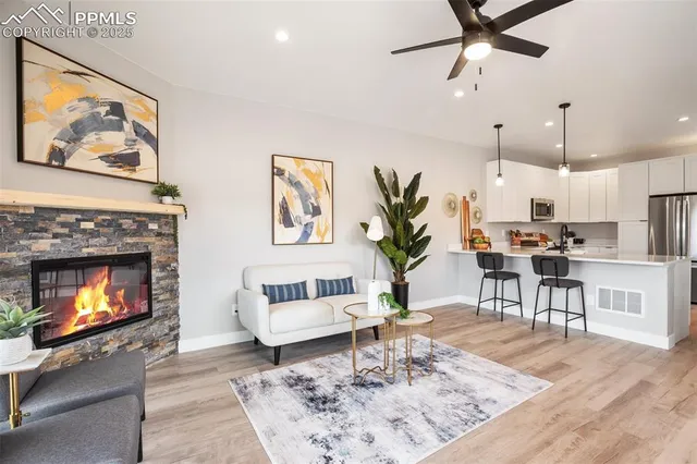 a living room with furniture and a fireplace