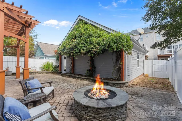 a backyard of a house with a fountain and a fire pit