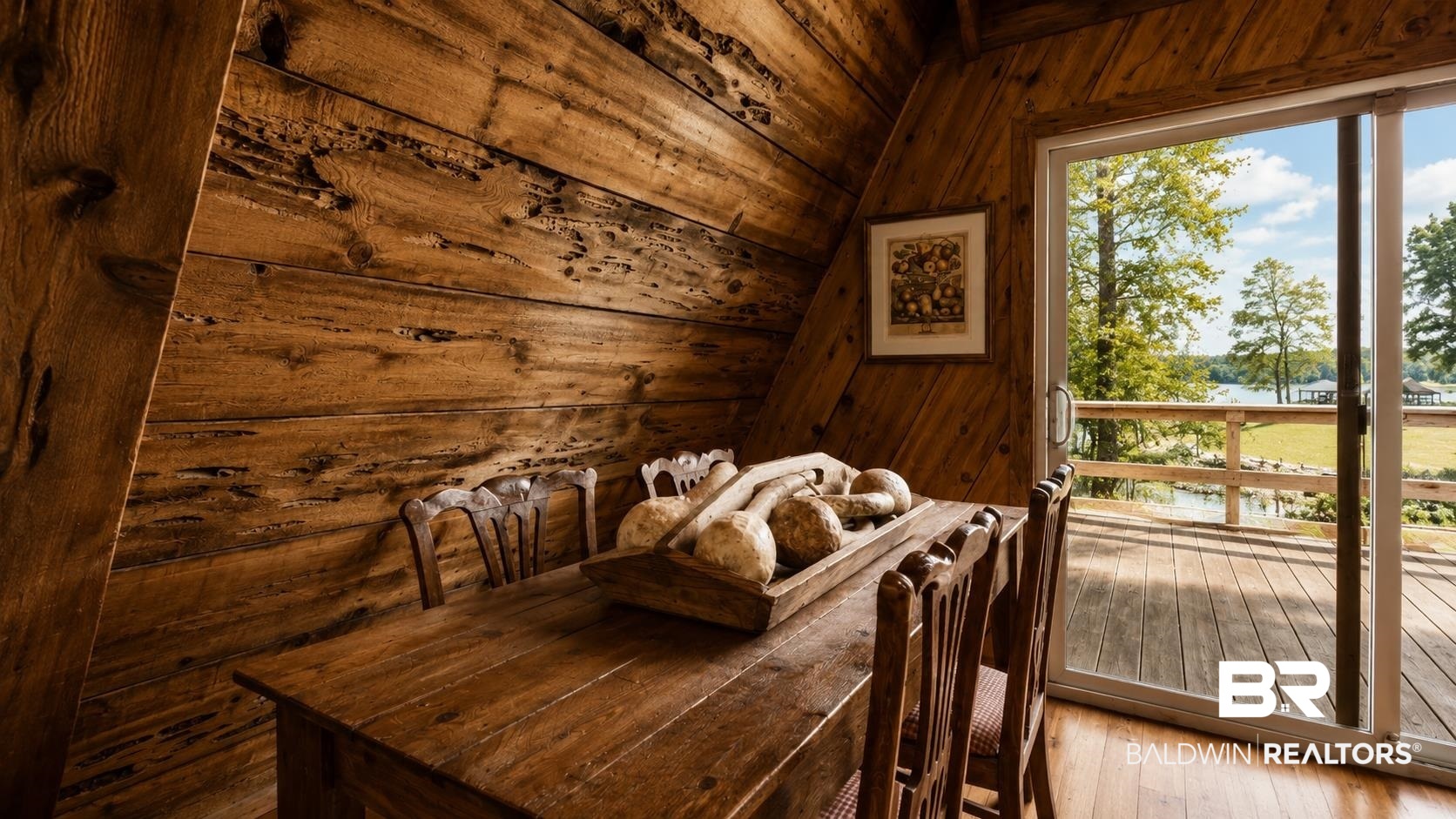 14587 Ridge Road Summerdale, AL 36580 - Photo 12 of 44 Wood-paneled interior walls and ceiling with a sliding glass door opening to an outdoor deck