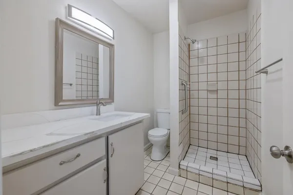 a bathroom with a sink a toilet and a shower