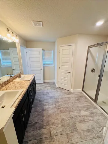 a bathroom with a sink and a shower