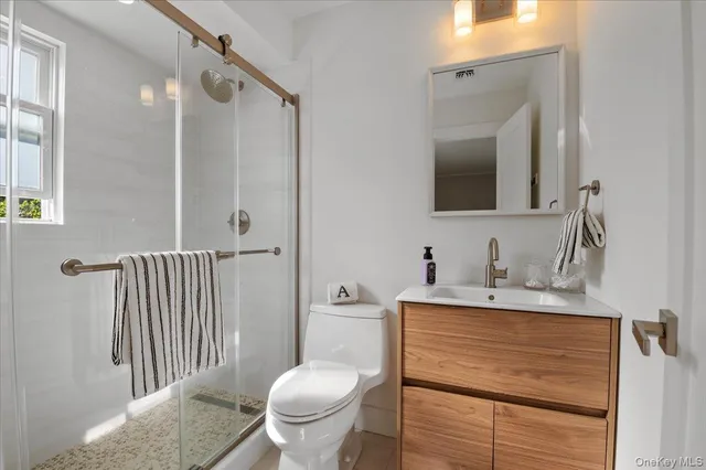 a bathroom with a sink toilet vanity and shower