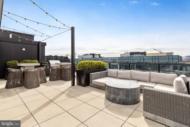 a view of a roof deck with couches and potted plants