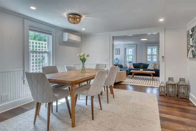 a view of a dining room with furniture