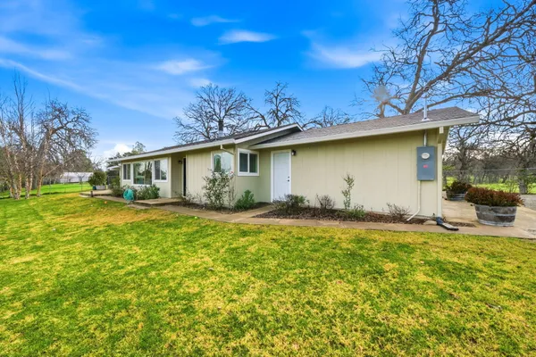 a front view of house with yard and trees