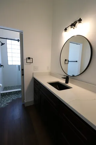 a bathroom with a sink and a mirror