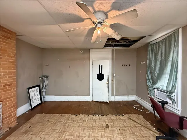a view of a hallway with a chandelier