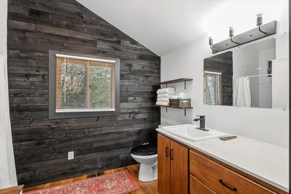 a bathroom with a sink a toilet and mirror