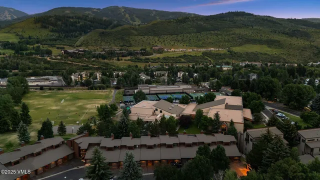 an aerial view of multiple houses with yard