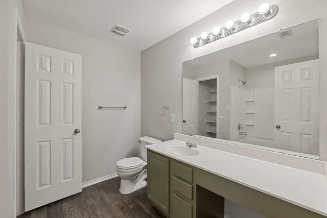 a bathroom with a sink a toilet and a large mirror