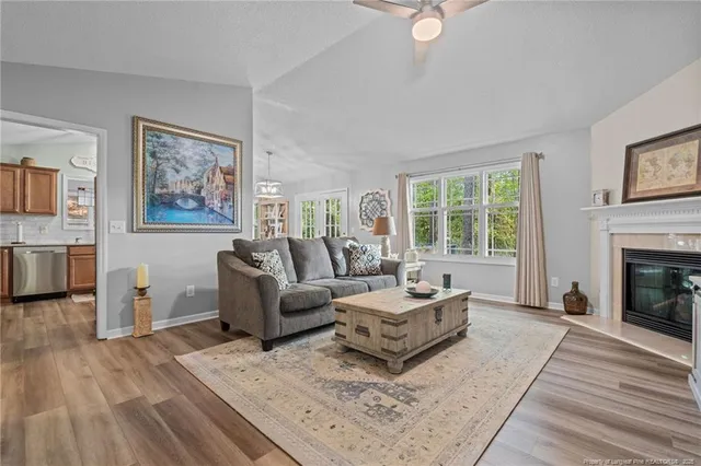 a living room with furniture and a fireplace