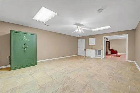 a view of a room with a large window