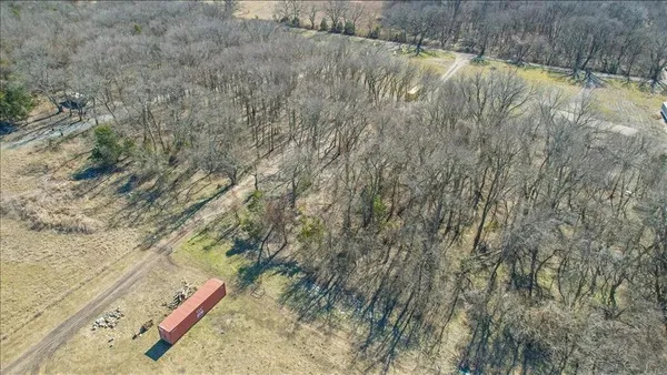 a view of dirt yard with trees