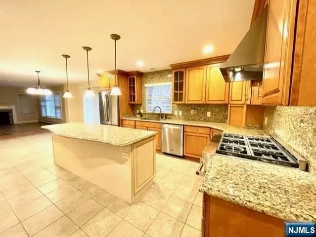 a kitchen with stainless steel appliances granite countertop a stove a sink and a refrigerator