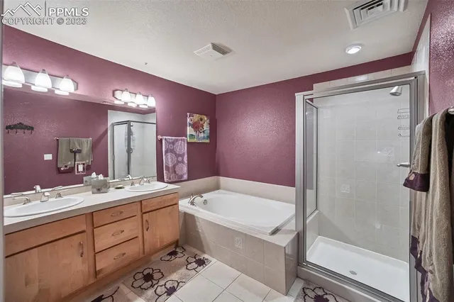a bathroom with a double vanity sink mirror and shower