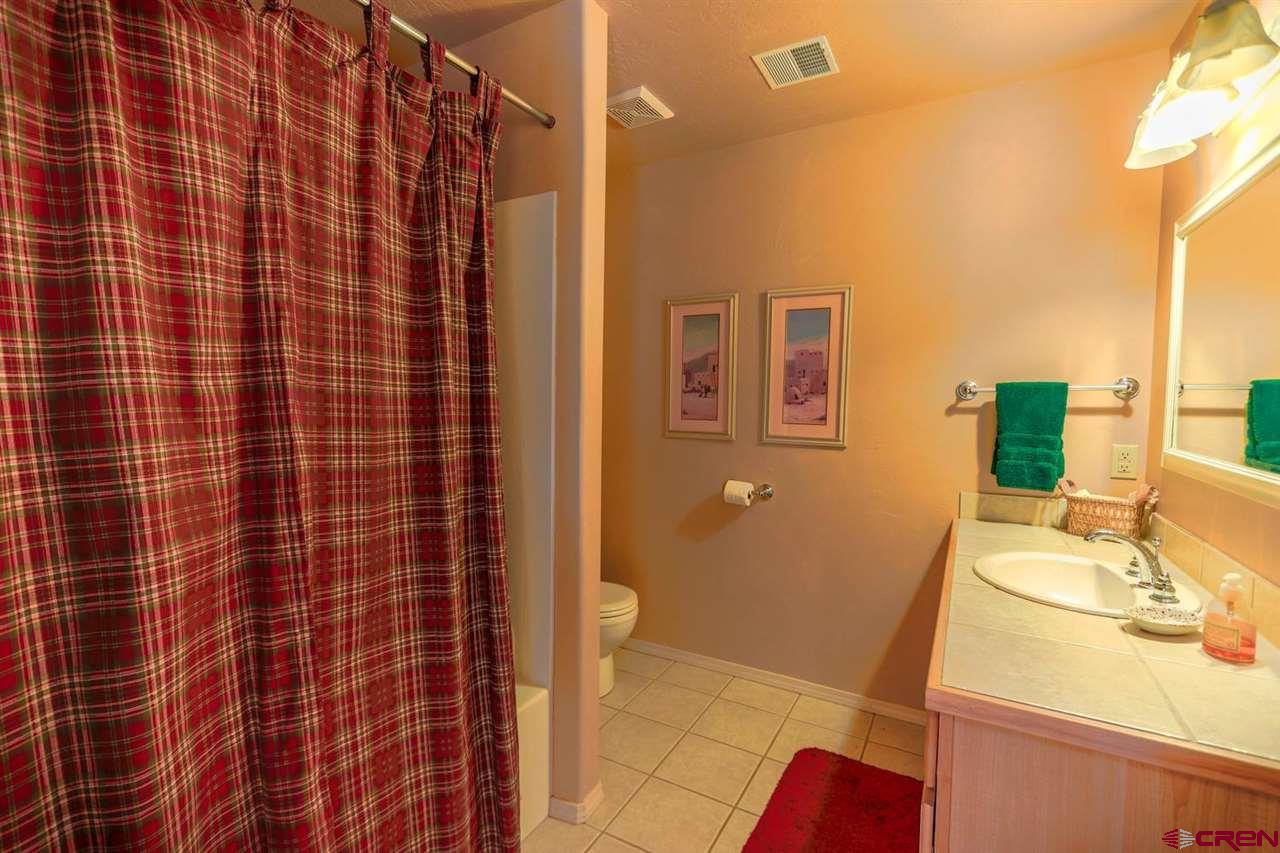 75 Pebble Circle Pagosa Springs, CO 81147 - Photo 20 of 30 a bathroom with a sink a mirror and shower