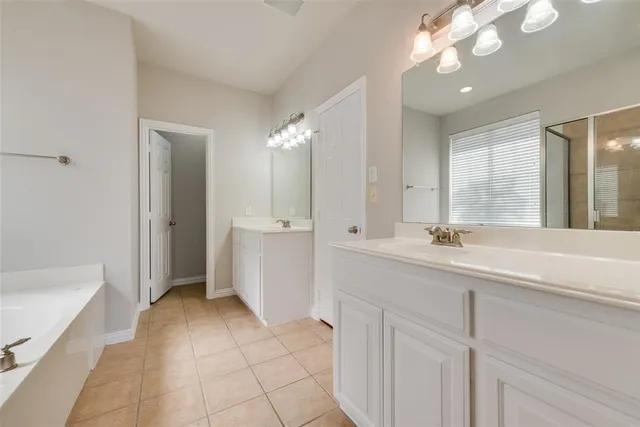 a spacious bathroom with a sink a mirror and a bathtub
