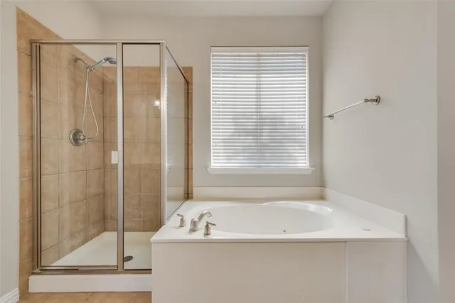 a bathroom with a bathtub and a shower