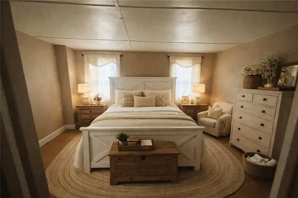 a bed sitting in a bedroom next to a window