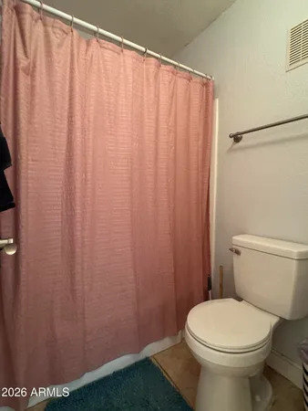 a white toilet sitting next to a shower curtain