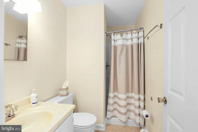 a bathroom with a sink a toilet and shower curtain