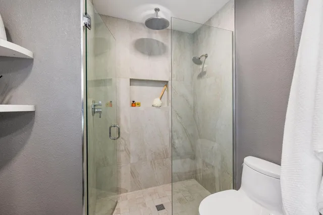 a bathroom with a shower and toilet