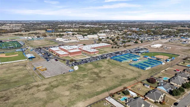 an aerial view of a pool