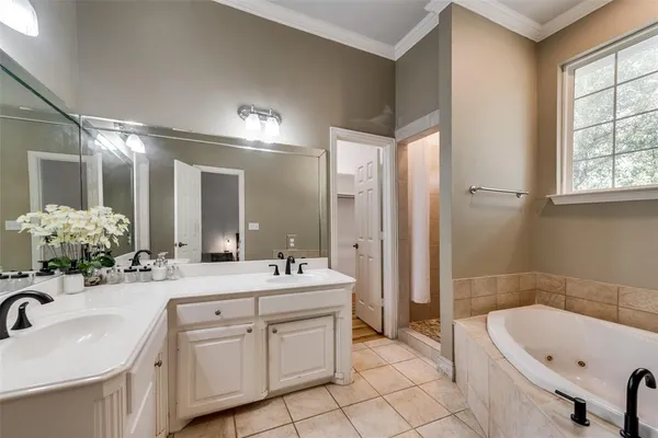 a bathroom with a double vanity sink large mirror and a bathtub