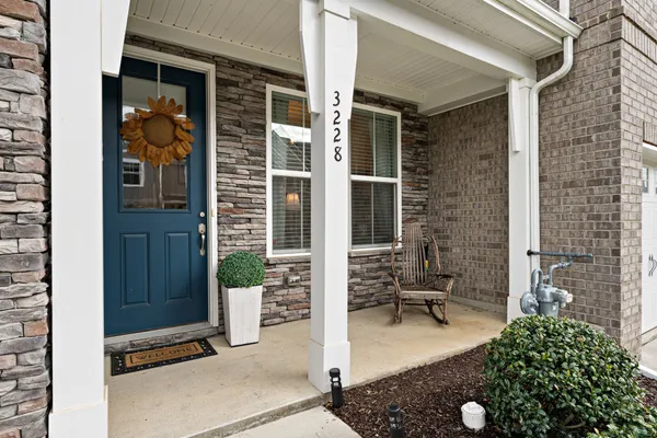 a living room with fireplace furniture and a potted plant