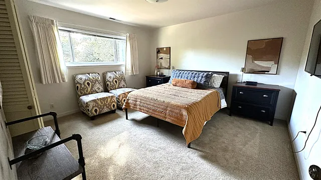 a bedroom with a bed couch tv and a window