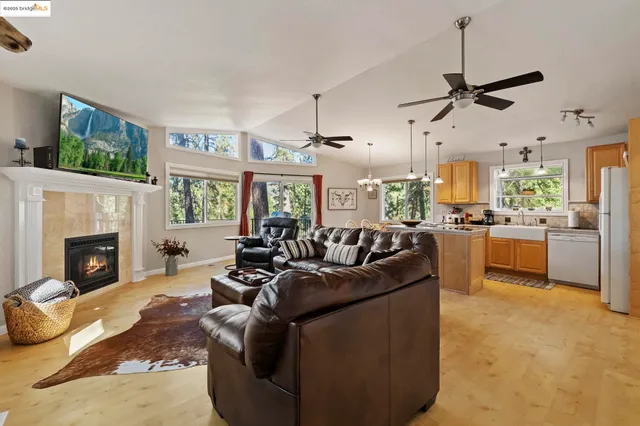 a living room with fireplace furniture and a fireplace