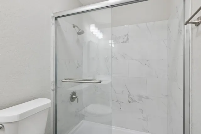 a bathroom with a shower and toilet