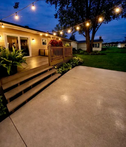 a lobby with a table and chairs