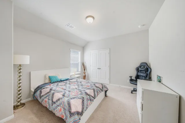 a bedroom with a bed and a cabinets